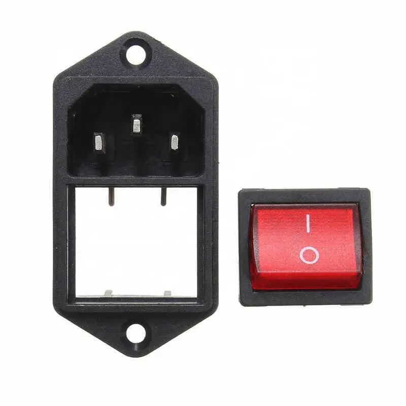 Kaltgerätebuchse C-14 10A/250V Mit Beleuchtetem 3-Pin-Schalter (6A/250V), Rot, Für CNC, Labor- Und Fitnessgeräte, Einbauöffnung 46x20 Mm