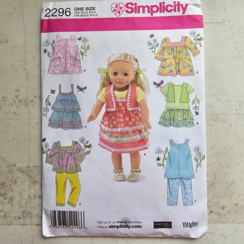 Simplicity Craft Pattern 2296 18" In Doll Clothes Tops Dress Pants Modern CUT