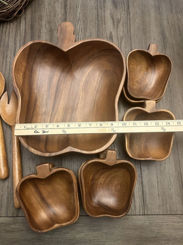 Apple-Shaped Wooden Salad Bowl Set With Serving Utensils - Image 3 of 4