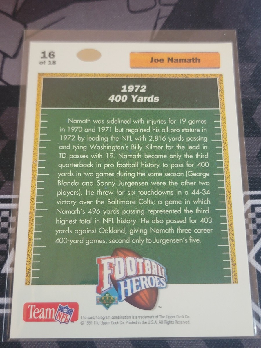 JOE NAMATH 1991 Upper Deck Heroes Insert #16 of 18. JETS | eBay