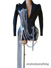 Women Fringe Chain Blazer Long Sleeve Coat Dancer Singer Costume Stage Wear
