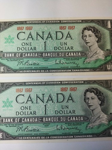 Lot 2 pieces Canada $1 Note 1967 Centennial Commemorative One Dollar - Picture 3 of 3