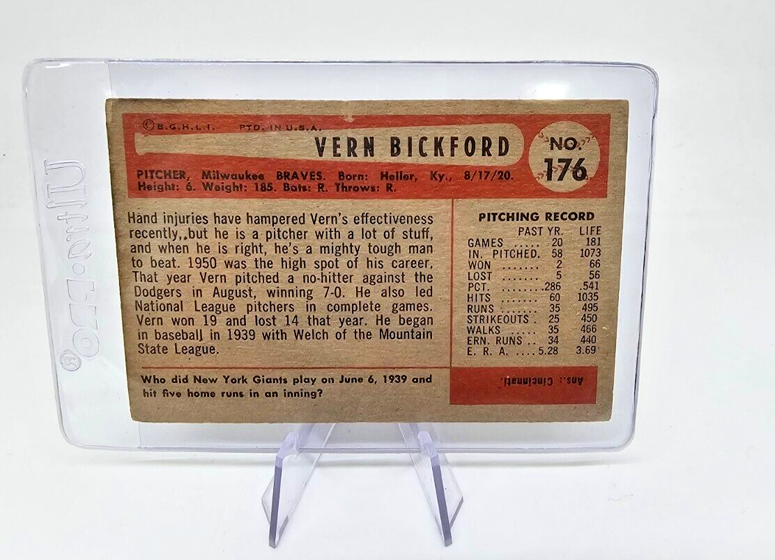 1954 Bowman Vern Bickford Good Milwaukee Braves #176 VGE | eBay