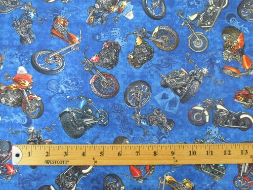 MOTORCYCLE CHOPPER BIKER HARLEY BLUE TAN DIGITAL COTTON FABRIC FQ - Picture 3 of 12