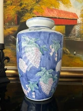 Vase Blue with Pink Flowers Grapes Fruit and Leaves 10"in Height and 3" diameter