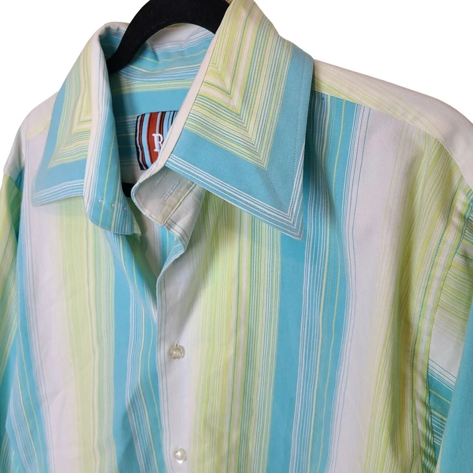 Roar Mens XL Green Blue Striped Long Sleeves Button Up Marlow Dress Shirt - Image 4 of 4