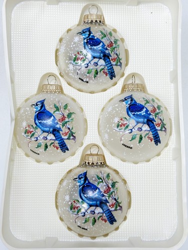 4 BlueBird Blue Jays Holly Branch Vtg Krebs USA Christmas Ornaments Glass Balls - Picture 3 of 5