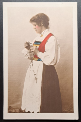 Norway Girl in Folk Dress Hand-Tinted Portrait Mittet & Co Kristiania Postcard