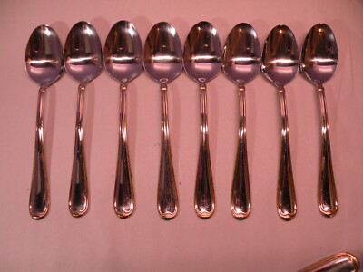 8 ALLURE Gold Accent CAMBRIDGE Stainless Dessert Oval Soup Spoons 7 5/8 GE2