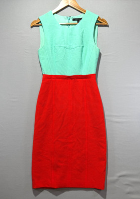 BCBG MaxAzria ''Blair'' Two-Tone Mint/Coral Midi Dress Pencil Sheath Size 2 Simple