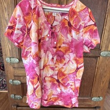 Koi by Kathy Peterson Women's L Floral Scrub Top Pink Orange Medical