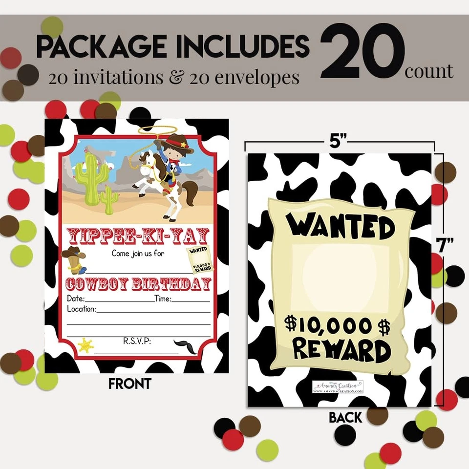 Invitaciones de fiesta de cumpleaños de vaquero niños, 20 tarjetas de relleno de 5x7 sobres blancos A Foto 4 de 4