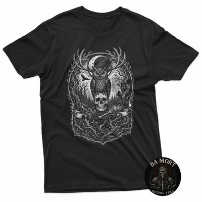 Dark Forest Owl Skull Goth Tattoo Style T-Shirt