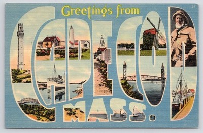 Greetings from Cape Cod MA  Large Letter Multi View Postcard Tichnor