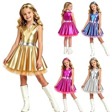 Girls Costume V Neck Skirt Invisible Zipper Tutu Colorful Dress Metallic Stage