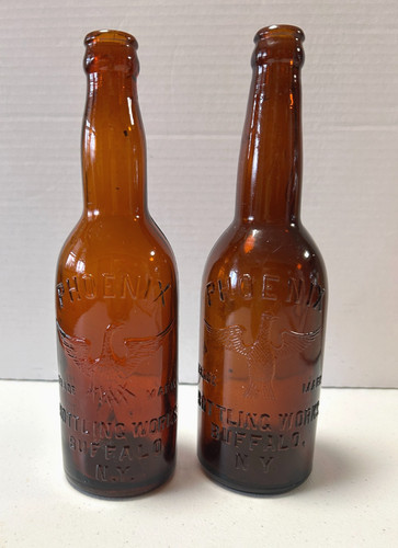 2 Vintage Amber Phoenix Bottling Works Beer Bottles Buffalo NY Embossed One Oldr