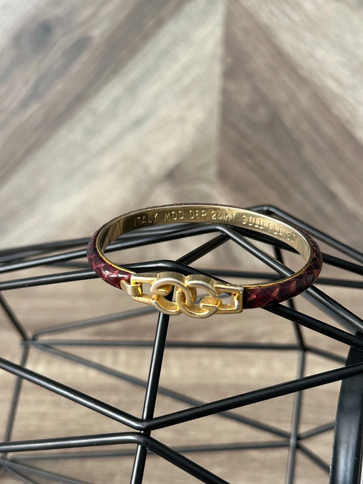 GUCCI Bracciale Vintage Pelle di Serpente Placcato Oro 24 KT ITALIA