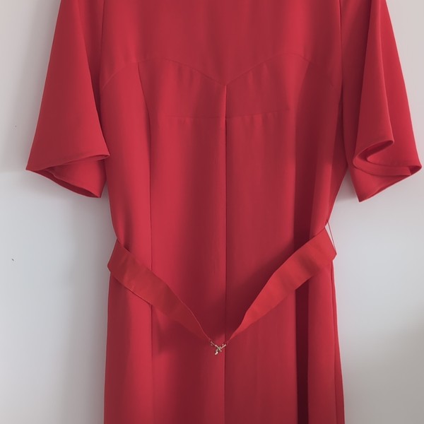 Veronika Maine Red Belted V-Neck A-Line Flutter Sleeve Midi Dress Size 12