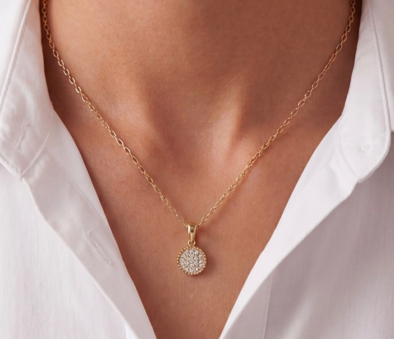 Natural Diamond 14k Solid Gold Delicate Round Medallion Necklace 18" for Women