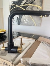Matte Black/Gold High-Arc Gooseneck Kitchen Faucet.