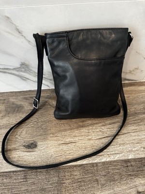 Margot NY Split Pocket Black Buttery Soft Leather Slim Crossbody Purse Zip