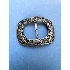 Antique Art Nouveau 800 Solid Silver Belt Buckle Cherub Putti Lion Repousse