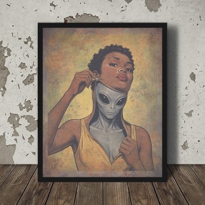 Vintage ALIEN ABDUCTION Wall Art, Sci-fi Pinup Girl Decor, Cryptid Hybrid Poster