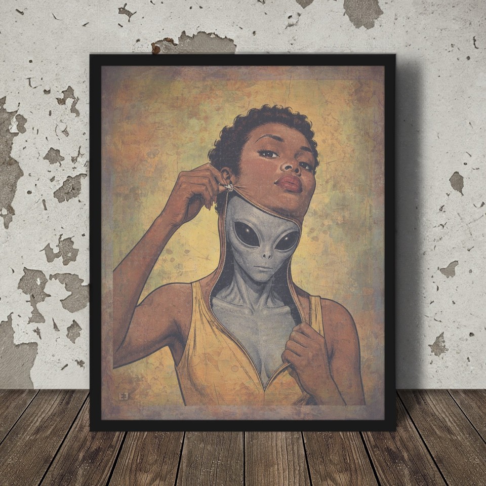 Sci-fi pinup meets UFO conspiracy — an Alien Abduction wall art poster that's campy, weird, and genuinely conversation-starting.
