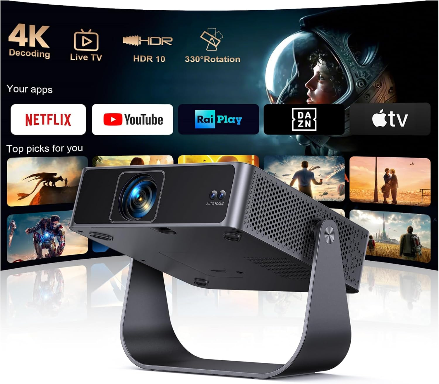 Proiettore Portatile【Smart TV & 1000+ Canali Live】Mini Proiettore 4K Smart TV Co