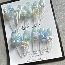 Press-On Nails Long Stiletto Blue/White/Clear...