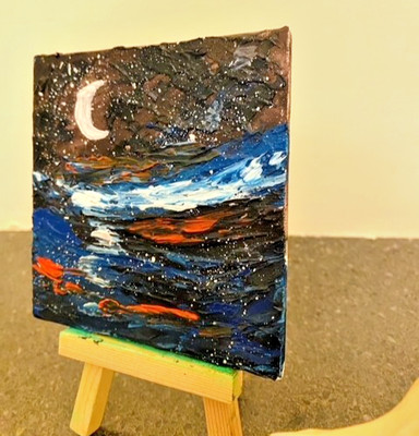Seascape Original Art Night Artwork Full Moon Wall Art Small Painting Moon