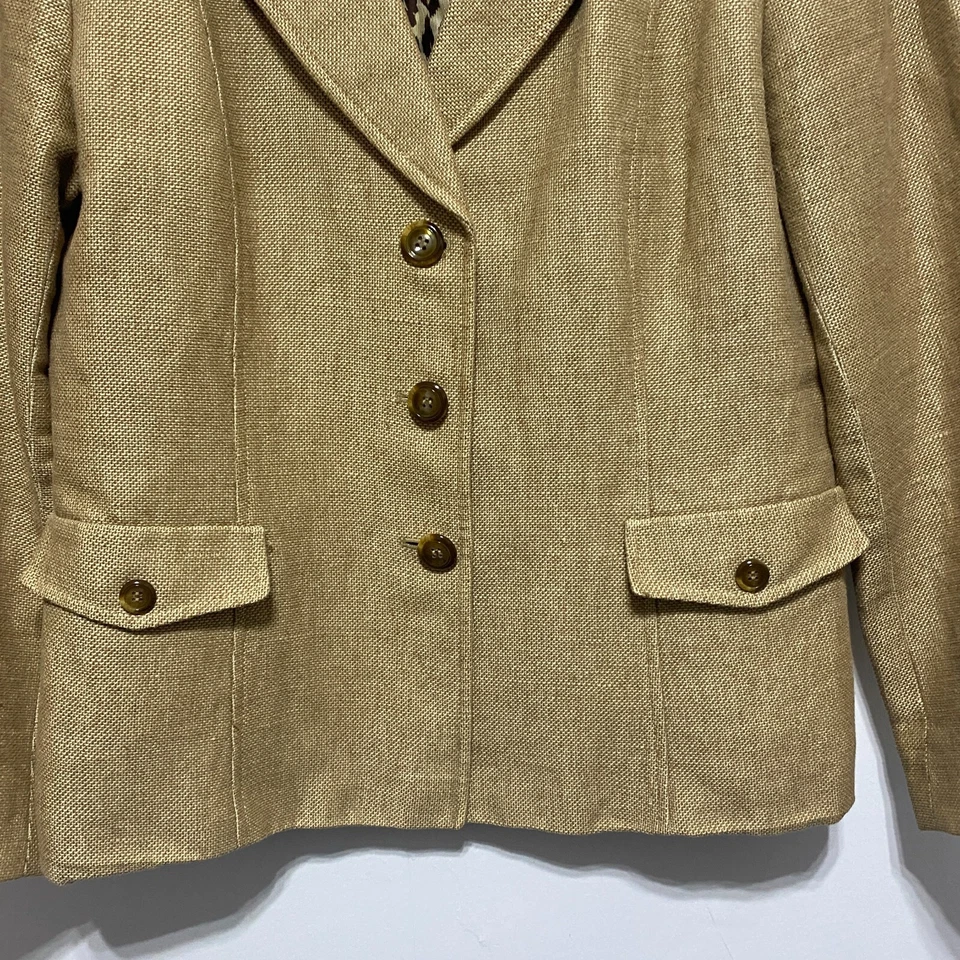 Blazer Tahari Arthur Levine para mujer 10 mezcla de lino tostado 3 bolsillos con botones carrera Foto 4 de 4