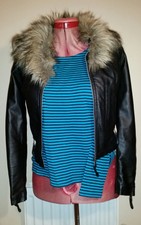 Fur Collared Black Jacket Faux Vegan Leather Pvc S Uk10eu36us6 Chest C36in C91cm