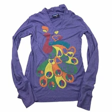 Woman's Junk Food Purple Peacock Long Sleeve Hooded T-Shirt Sz Jr’s Small NEW