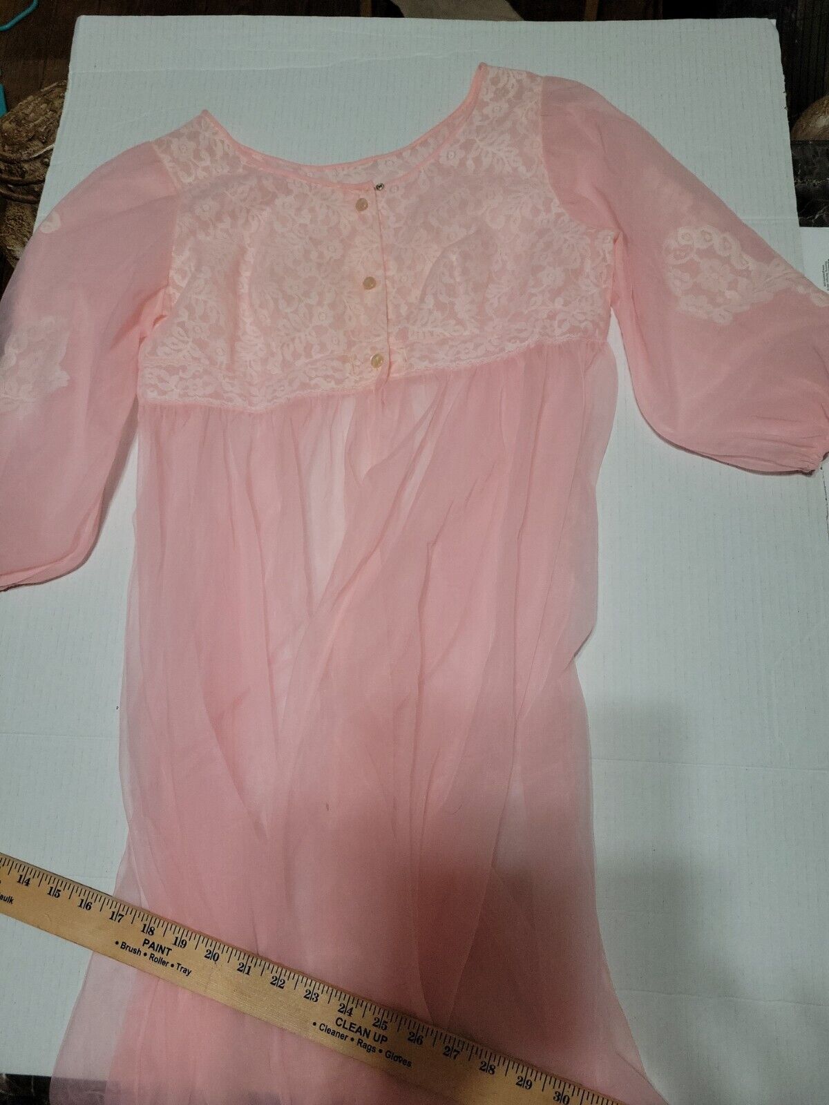 VTG 50s Chiffon Baby Pink Lace Robe Long 45" Deli… - image 1