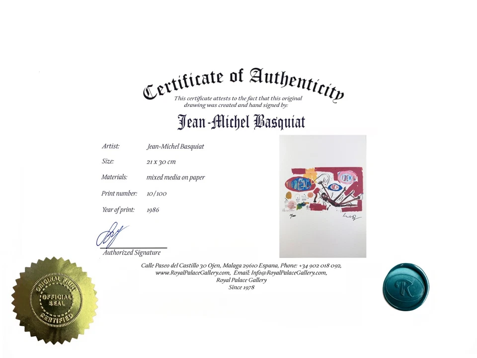 Jean-Michel Basquiat Original Vintage Arte Impresión Litografía Firmada Certificado de Autenticidad Limitado Foto 2 de 3