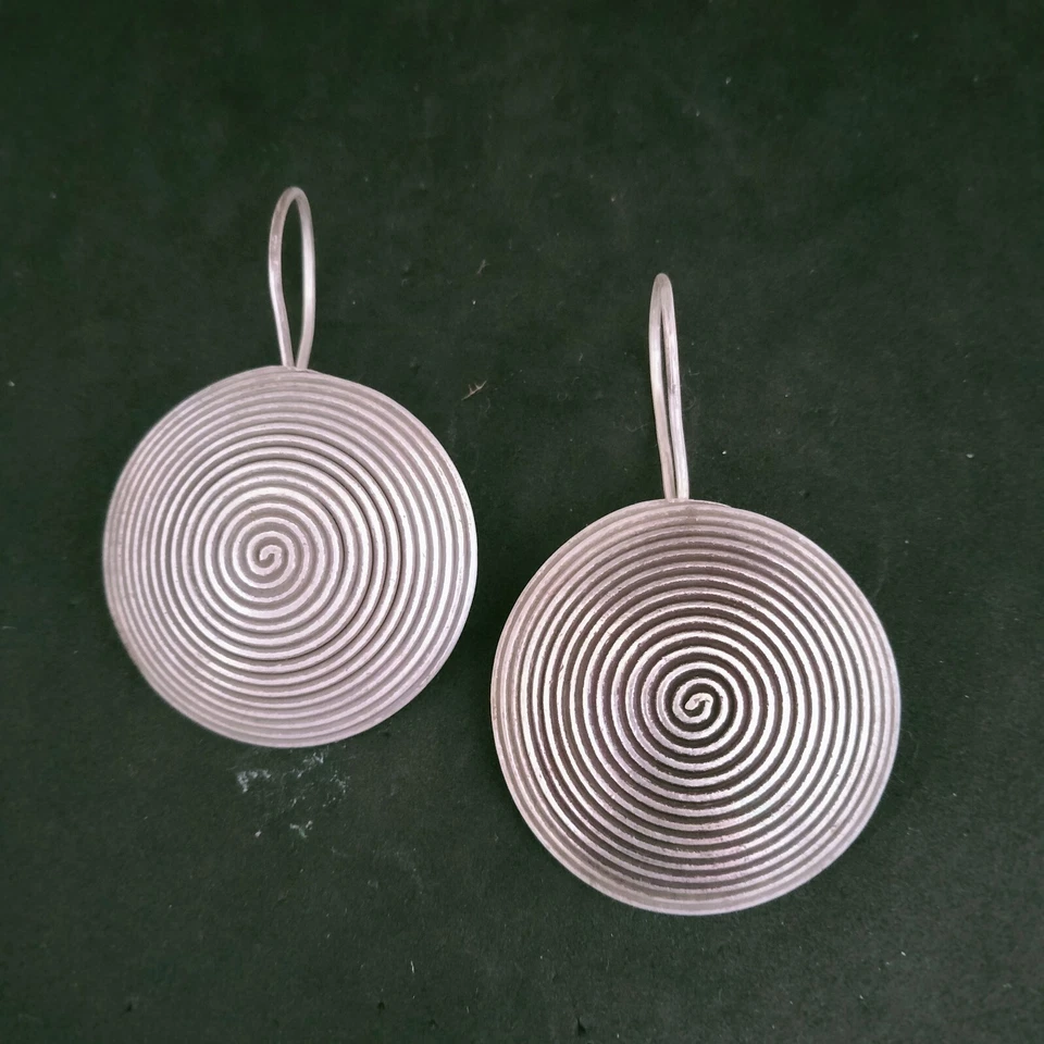 FINE SILVER EARRINGS 925 STERLING CRAFT Dangle 11g Hill Tribe Spiral Round 23213 - Image 2 of 4