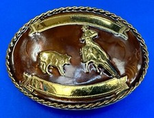 Western Rodeo Steer Calf Roping Blank Ribbon Trophy Brown Enameled Belt Buckle