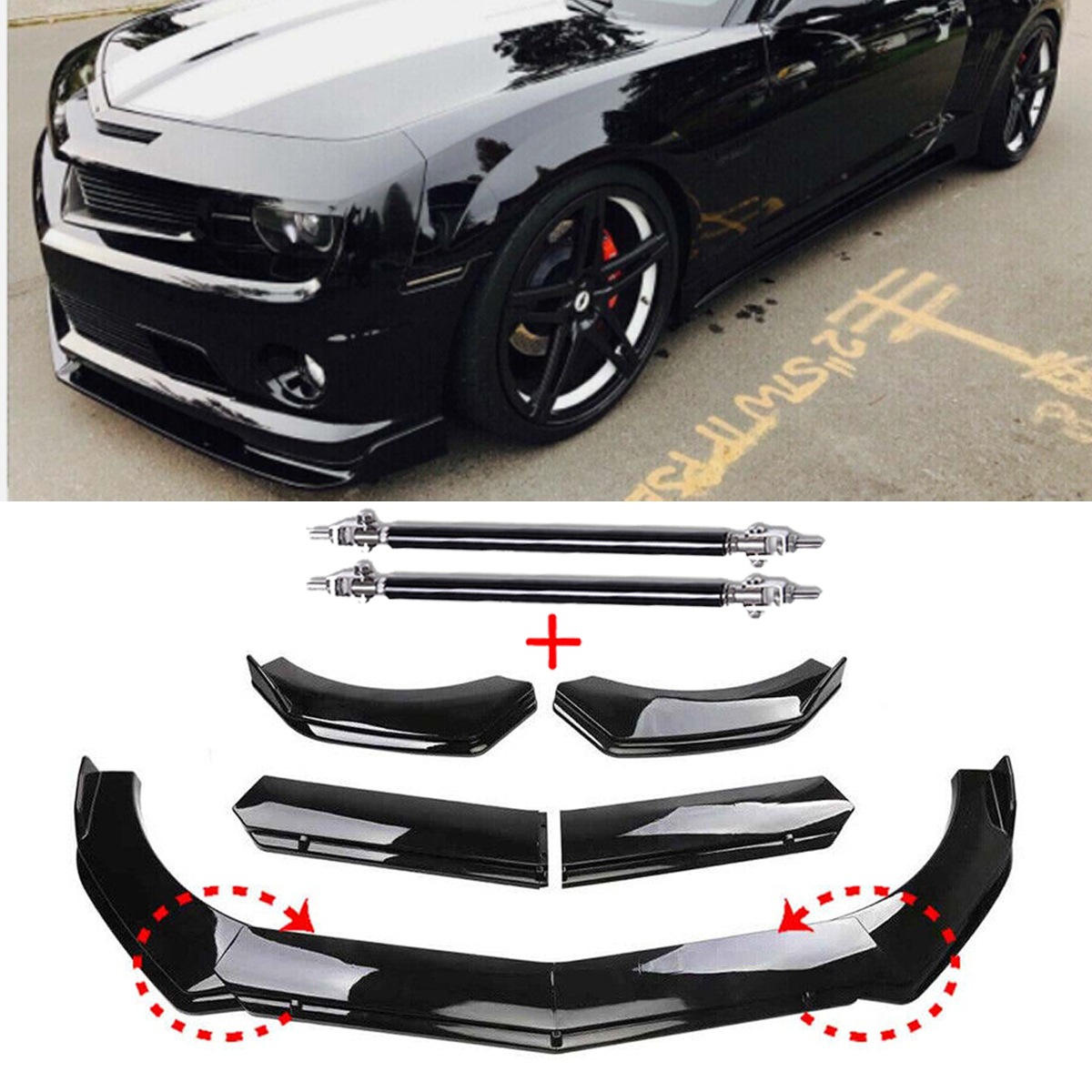 Front Bumper Lip Spoiler & Side Skirt Splitter Kit For Chevy Camaro LT/SS – With Strut Rods