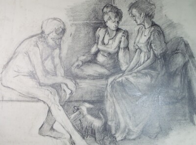 Original Bleistiftzeichnung, 'Figuren auf dem Sofa', Edmund Caswell (1938-1996)