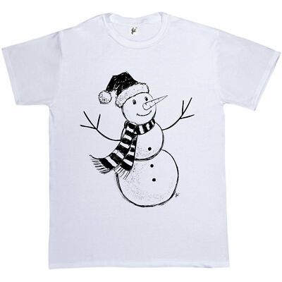 Schneemann Zeichnung trägt Nikolausmütze Schal Lächeln Weihnachten Skizze Herren T-Shirt