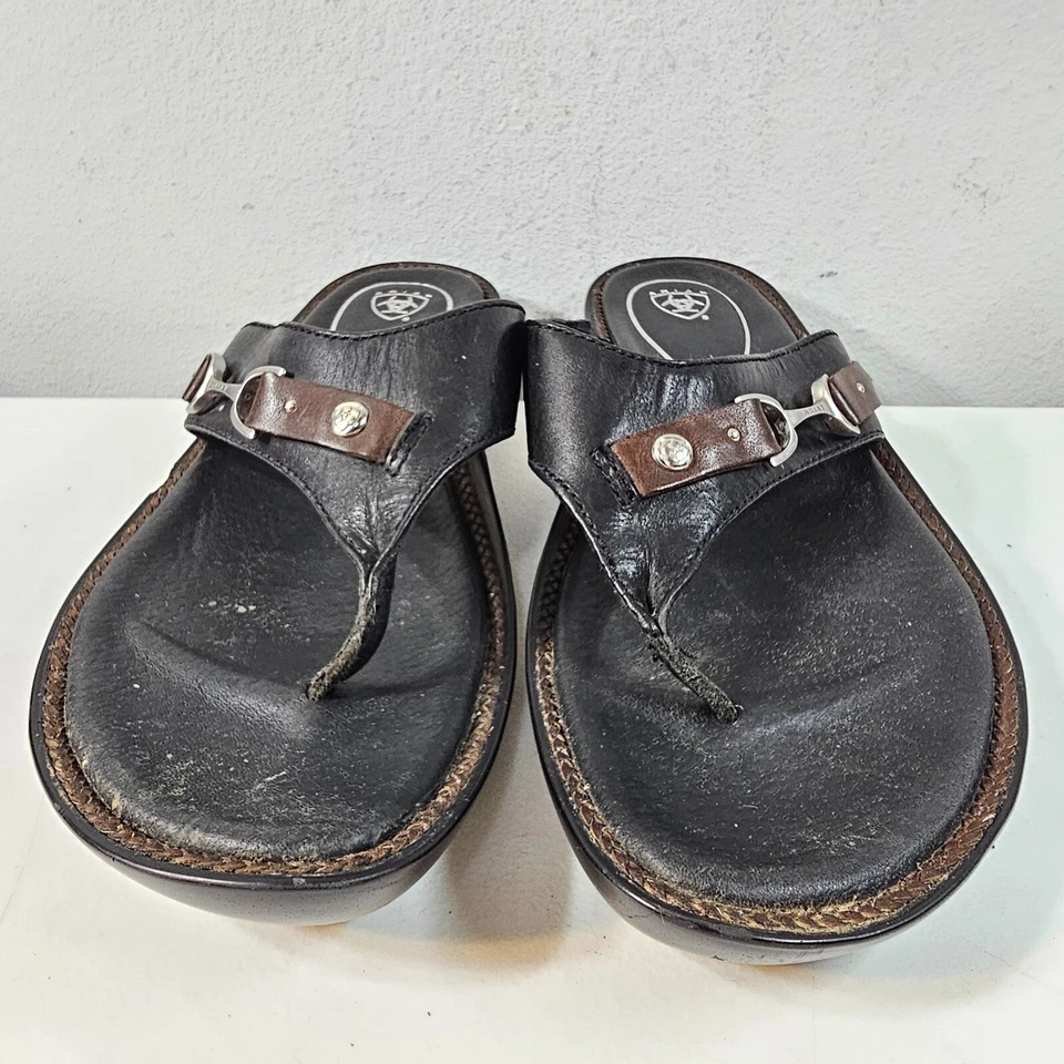 Women's Ariat Thong Sandals Leather Slip On Western Flip Flops Black Size 9 - Image 2 of 4