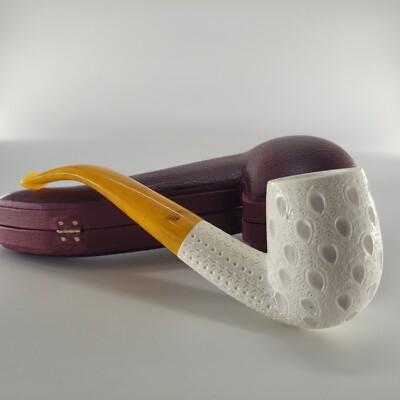 Ornate bent billiard meerschaum pipe handcarved block meerschaum & case CPW 1430