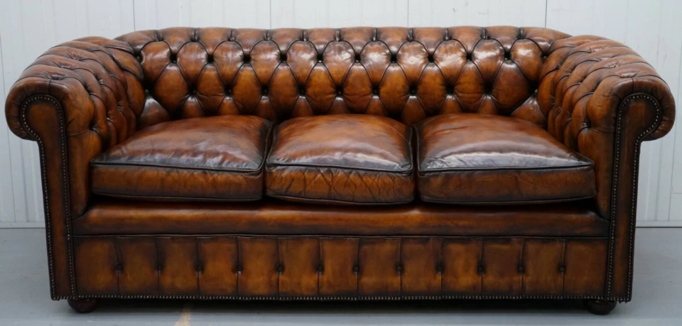 1930'S HAND DYED RESTORED WHISKY BROWN LEATHER CHESTERFIELD CLUB SOFA ENGLISH — 第 2/4 张图片