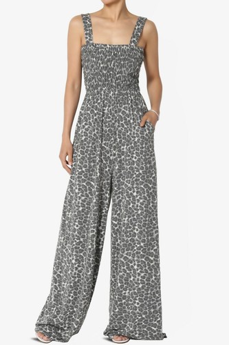 TheMogan S~3X TALL Leopard Print Wide Strap Smocked Cami Wide Leg Long Jumpsuit - Picture 13 of 17
