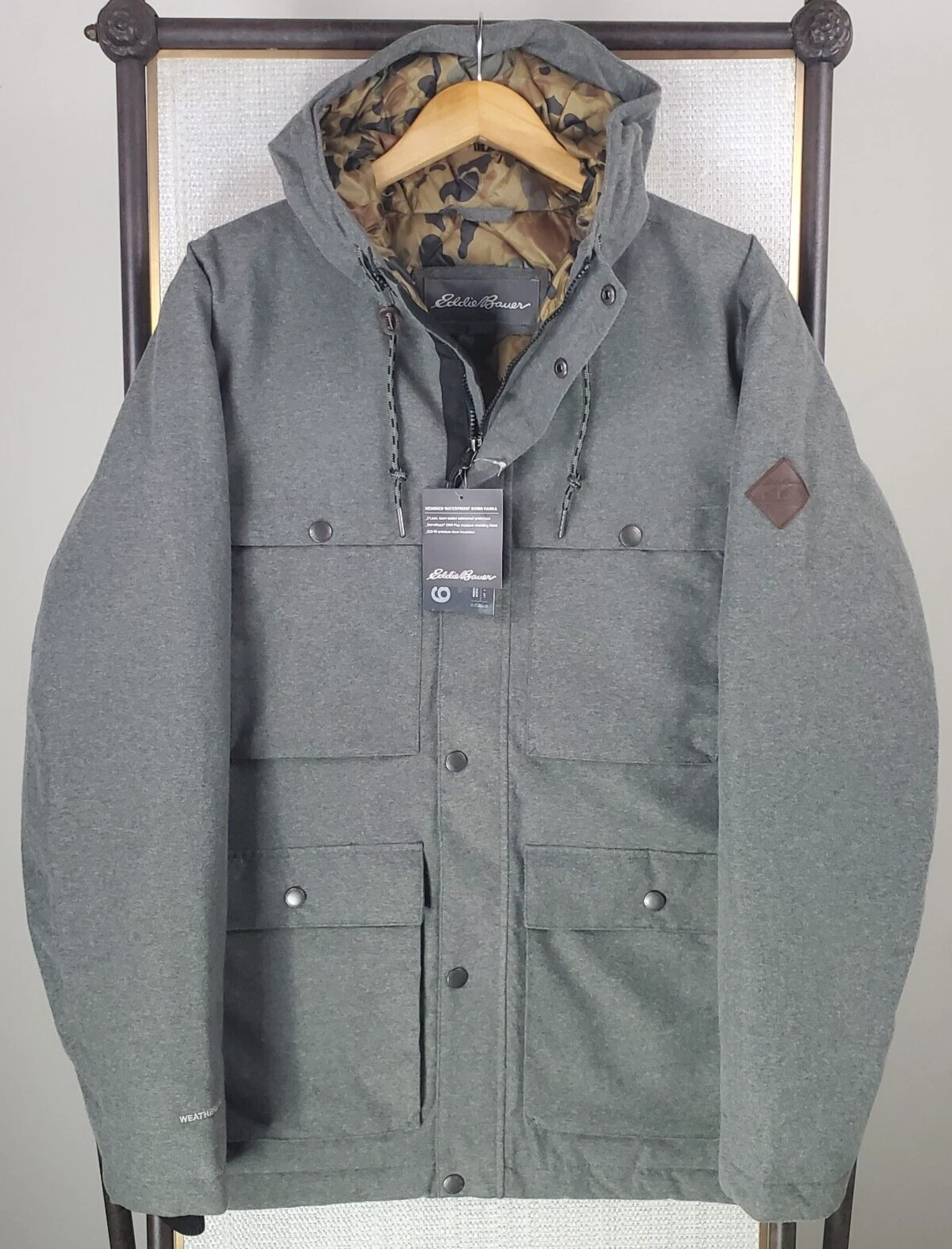 EDDIE BAUER NEW $299 Mens 650 Down Waterproof Hooded Jacket Size XL Camo Winter