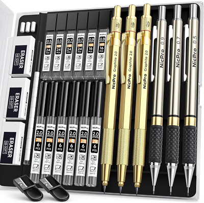 Nicpro Gold Art Mechanical Pencil Set Metal Drafting Pencil 0.5, 0.7, 0.9mm&2mm