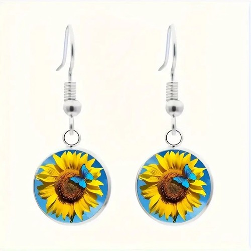 Sunflower Plus Butterfly Design Round Hook Earrings Pendant Necklace 3pcs Set - Picture 3 of 6