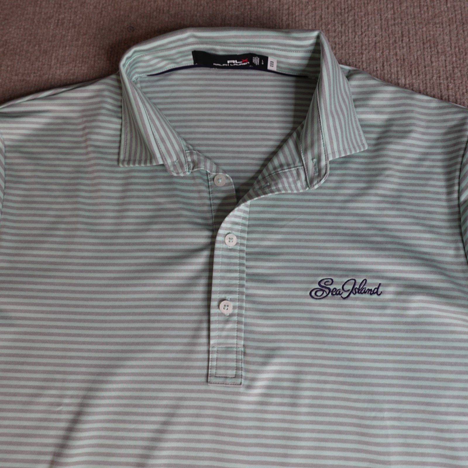 RLX Ralph Lauren Polo Shirt Large Blue Green Striped Sea Island