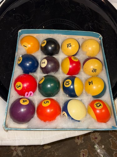 Vintage Pool Ball Set 1-15 + Cue Ball Complete with Original Box Billiards